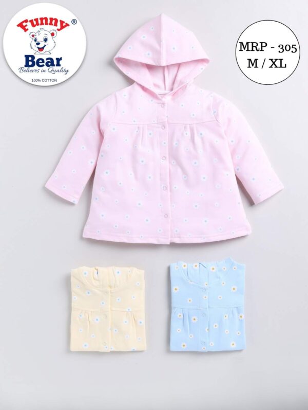 Funny Bear Full Sleeves 100% Cotton Loopknit Winter Wear Hooded Sweatshirt, Flower Prints, Girls, Ages 3 months to 18 months.